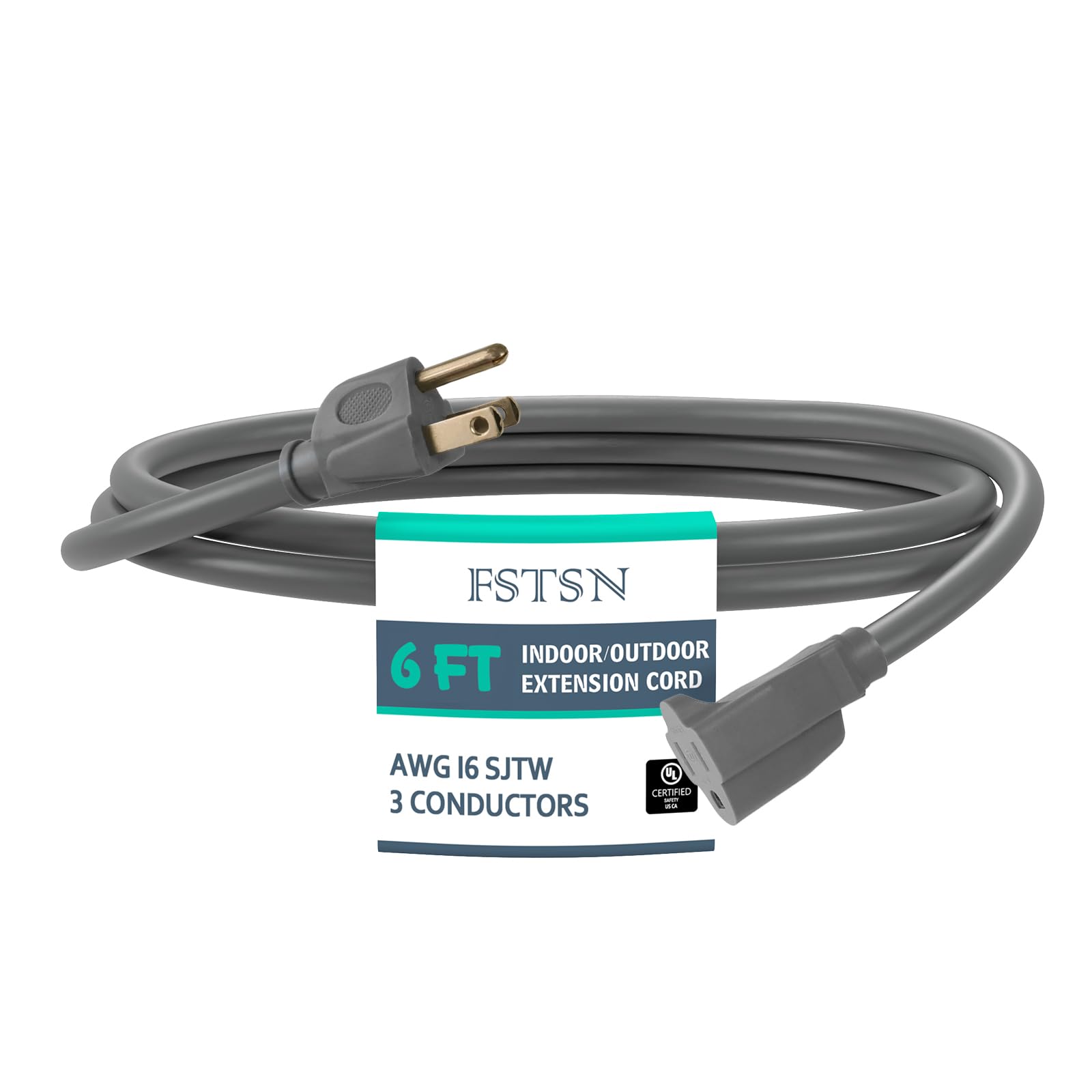 FSTSN 6 Ft Heavy Duty Indoor Outdoor Extension Cord - 16/3 SJTW Waterproof Power Cable with 3 Prong Grounded Plug, Grey - Durable, Weather Resistant,