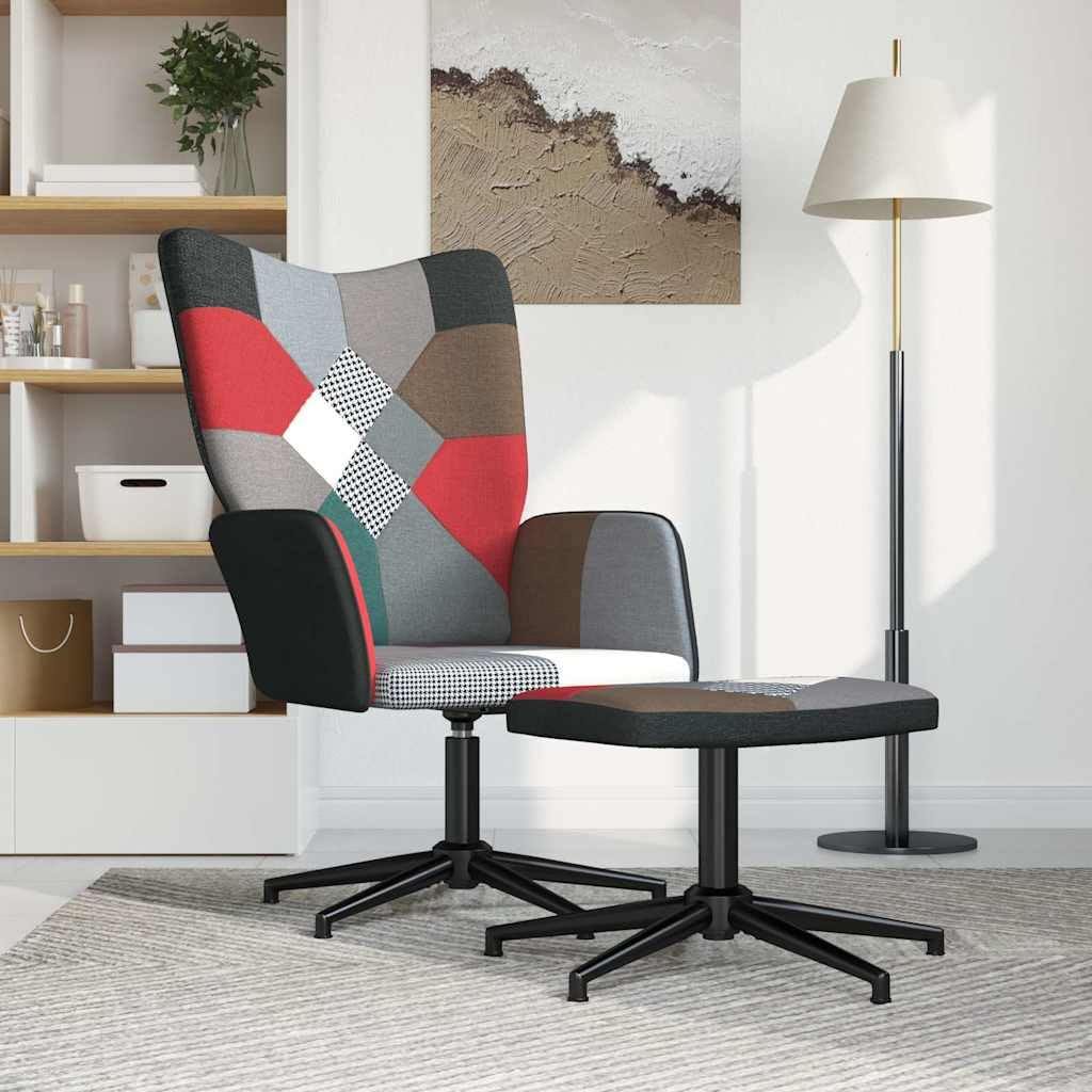 Fotel relaksacyjny z taboretem, patchwork, obracany o 360 stopni, stalowy