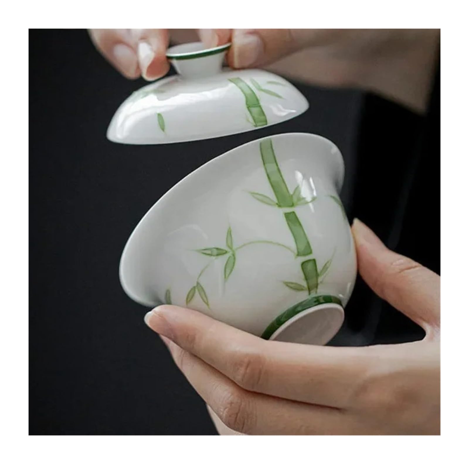 1 chinesische Teeschale aus Porzellan mit Deckel und grünem Bambus-Design