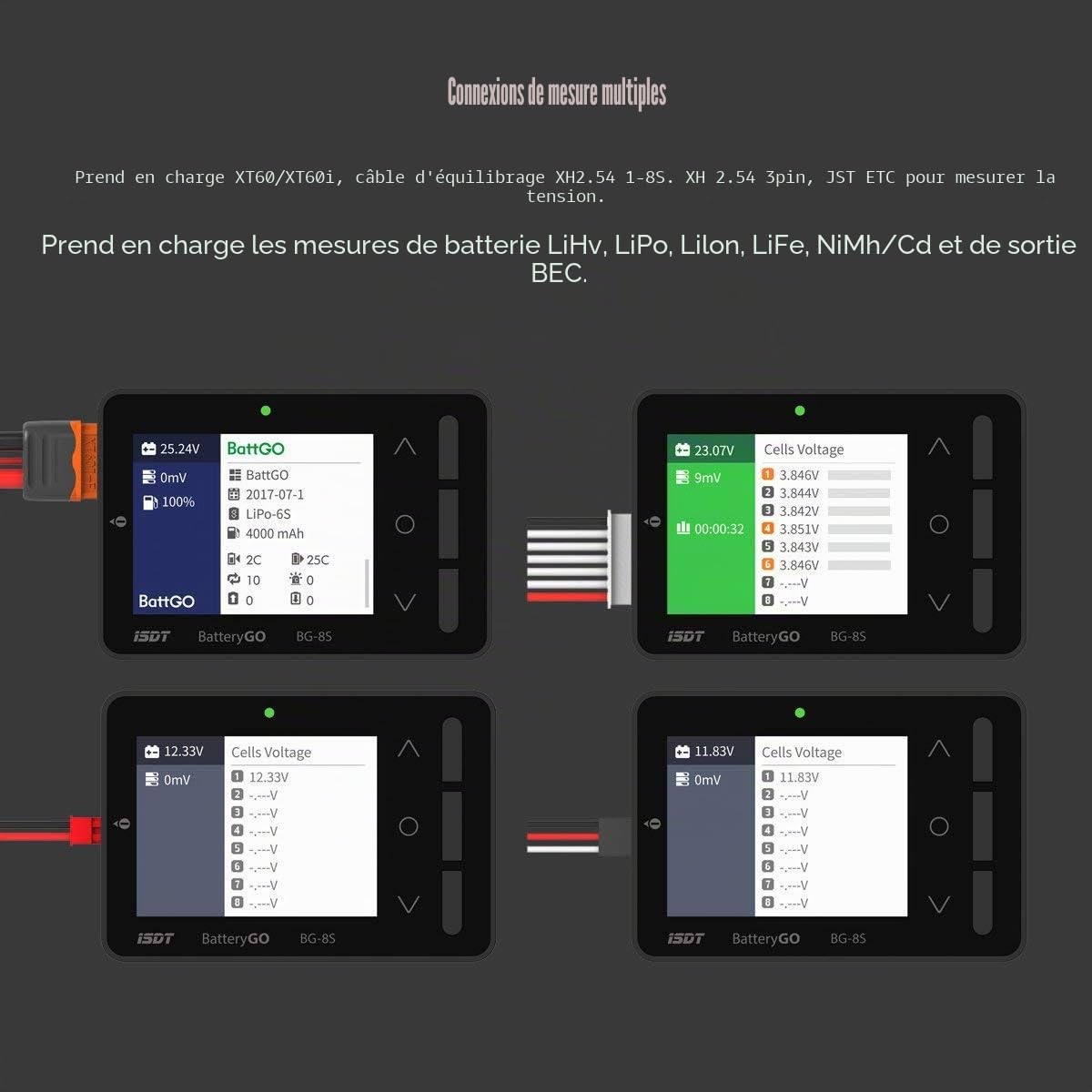 ISDT BG-8S Testeur de capacité de batterie, écran LCD, testeur de tension pour batteries LiPo/Life/Li-ion/NiMH/Nicd