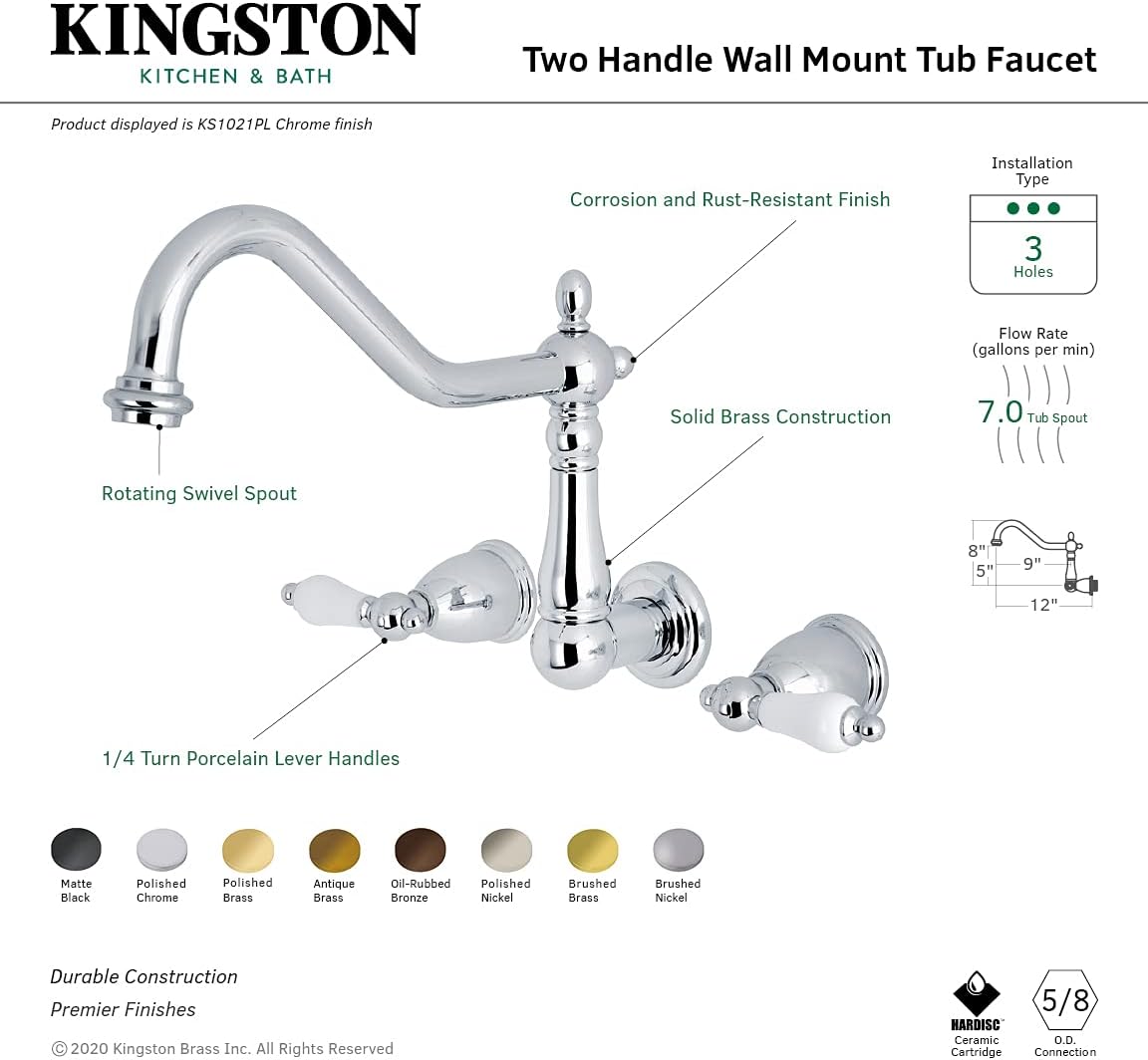 Kingston Brass KS1020PL Heritage Wall Mount Roman Tub Faucet, Matte Black