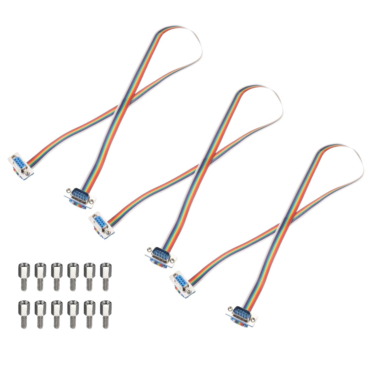 MECCANIXITY 3 Pcs IDC Rainbow Wire Flat Ribbon Cable DB9 Male to DB9 Female 11.8 Inch Length 2.54mm Pitch Breadboard Jumper Wires for Electronic Projects