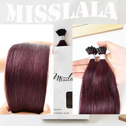 Miniatura 4 de Extensiones de cabello humano borgoña con punta en I, extensiones de cabello con cuentas invisibles de 22 pulgadas, fusión de queratina, rojo vino,