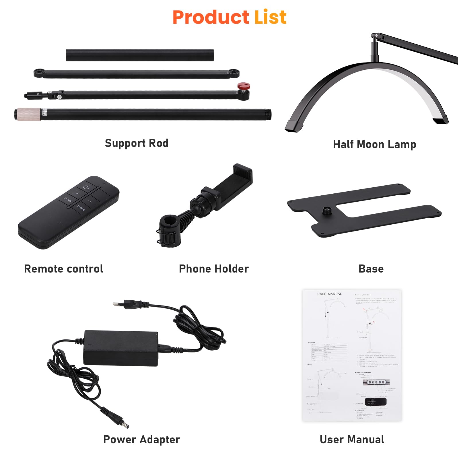 Andoer Luz de relleno en forma de media luna de 36 W, luz de video LED de piso de 23 pulgadas, luz de pestañas ajustable de 3200 K-5600 K, luz de estudio con control remoto de soporte, lámpara de luz