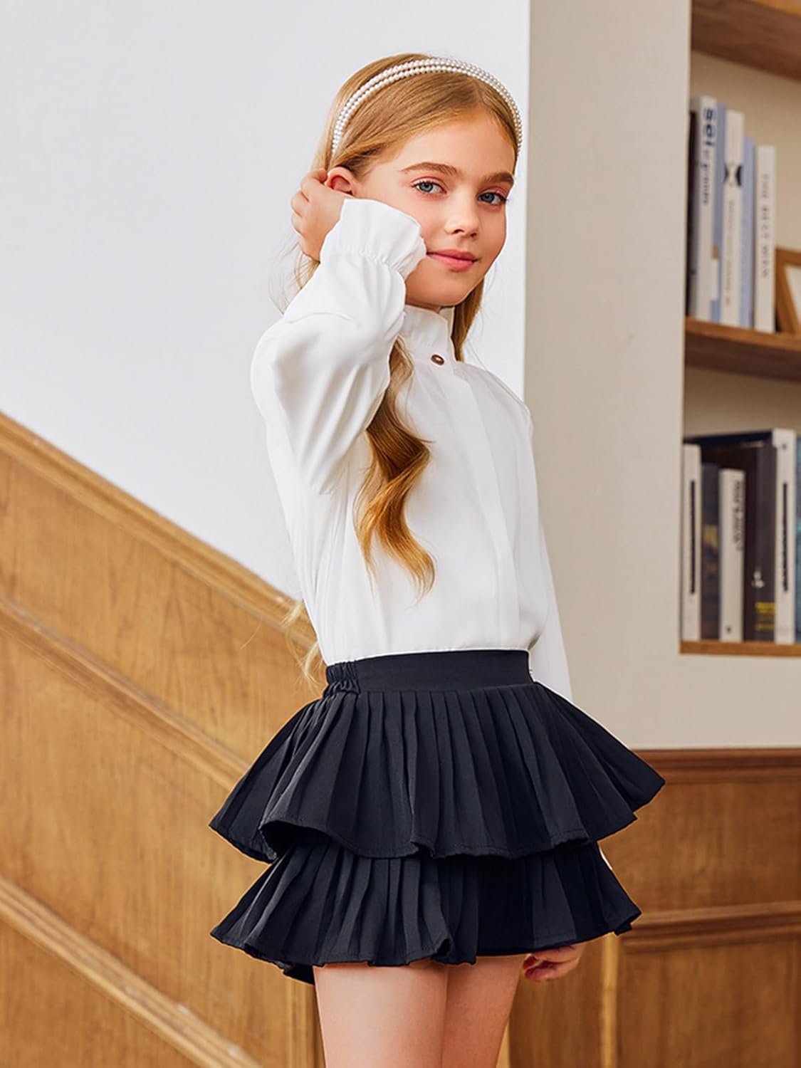 Haloumoning Girls Ruffle Long Sleeve Blouse Kids Button Down Uniform Dress Shirts 5-14 Years - Image 4