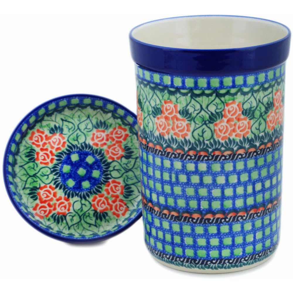 Authentic Polish Pottery Wine Chill with Saucer Signature UNIKAT in Red Impatiens Design Handmade in Boles?awiec Poland by Ceramika Artystyczna + Certificate of Authenticity