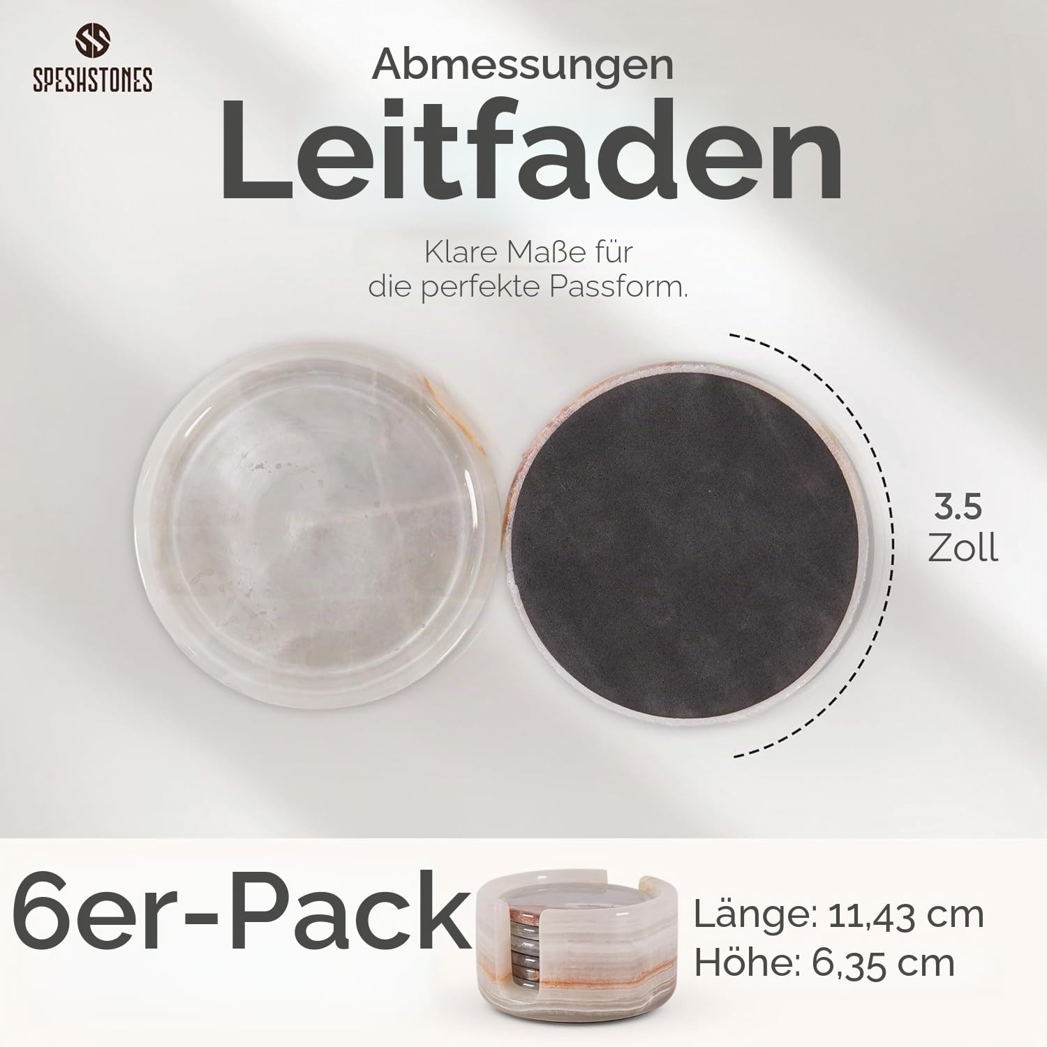 SPESHSTONES Set mit 6 runden Untersetzern 8,9 cm, aus Marmor und weißem Onyx inklusive Halterung, ideal für Cafés, Bars, als Geschenk, für Esstische und als Dekoration für Zuhause