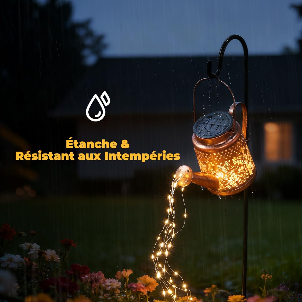 OUSFOT Lampe Solaire Jardin Exterieur Arrosoir Comprenant 6 Guirlande Lumineuse Cascade avec 90 LED, Motifs Colibris et Floraux, Lanterne Lumiere Solaire IP44 Étanche, Decoration Cour Halloween Noël
