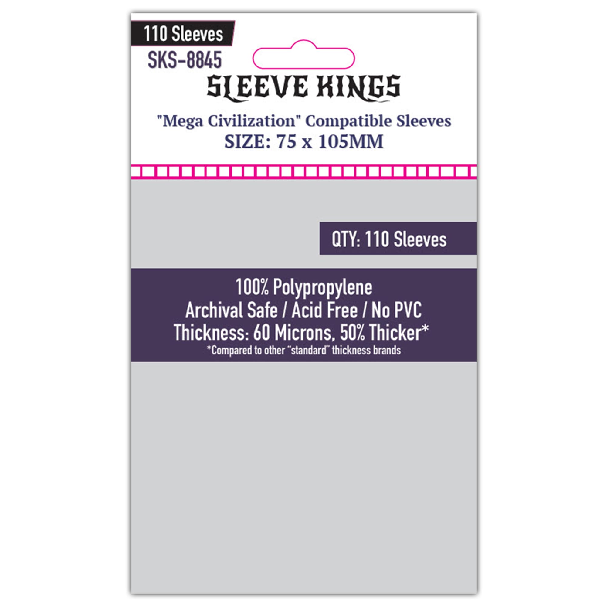 Sleeve Kings Standard Card Sleeves – 110 Count, Clear 60 Micron Thickness, Large Size (75 x 105 mm), Compatible with Mega Civilization &amp; More – SKU: SKS-8845