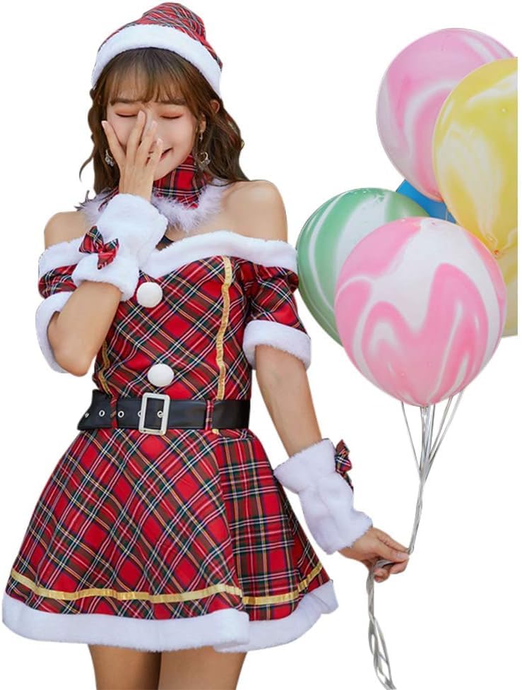 サンタ コスプレ 衣装 サンタ帽子 チェック リボン オフショル 