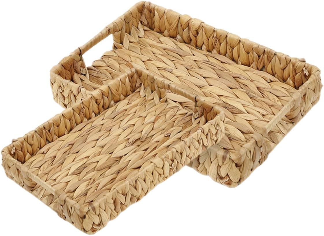 Decorative Woven Basket Set 2pcs Handwoven Square Storage Baskets with Handle Multi-use Organizer Bins for Desktop and Home Storage Pastoral Style Tray