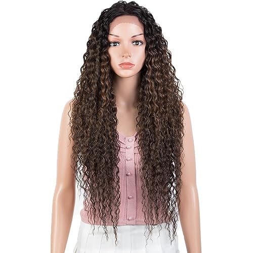 Joedir 28" Long Curly Lace Front with 1.5"x3" Lace Wig Heat Resistant Synthetic Wigs For Black Women 130% Density(Ombre Brown Color)