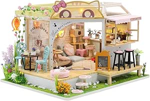 CUTEBEE Dollhouse Miniature with Furniture, DIY Wooden Dollhouse Kit Plus Dust Proof, Creative Room Idea(Cat Coffee Garden)