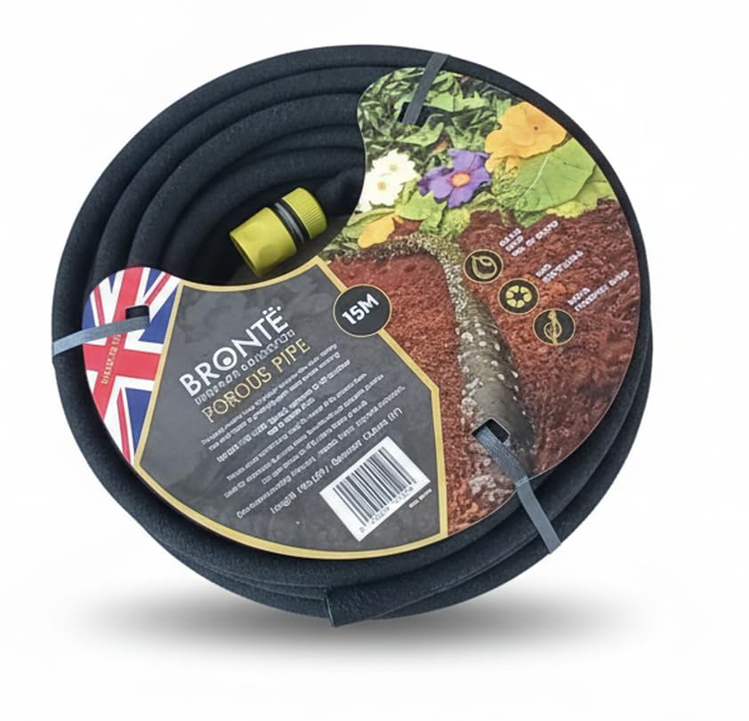 Porous Pipe Soaker Hose Garden Irrigation Pipe 15m | 80% Water Saving | Tap Adaptor Included | Bury or Lay Flat | Trimmable Length | Easy Install | Made from Recycled Rubber