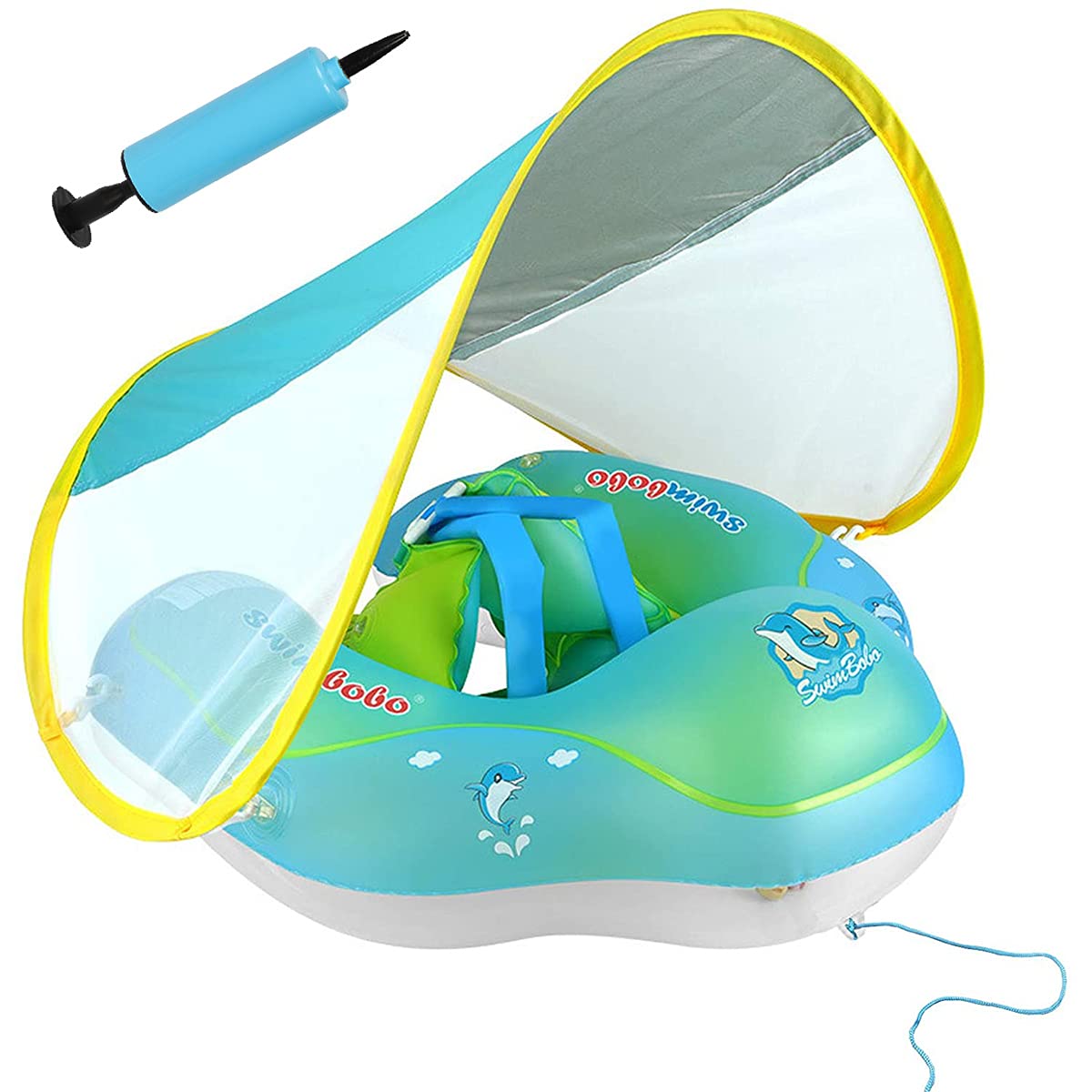 KUMADAI Flotador Bebe 6 Meses, Cuello Ajustable Inflable con Sombrilla Banera para Bebés ​Anillo De Natación Bebé De Piscina, ​con Bomba Manual