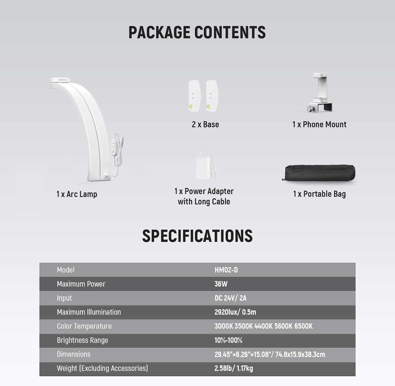 NEEWER Basics HM02-D lampa do paznokci z półksiężycem na stół, 36 W, składana lampa do studia paznokci, lampa LED, do manicure, półpierścieniowego światła z uchwytem na telefon komórkowy, do makijażu