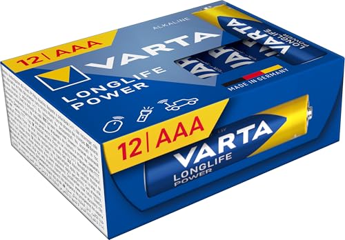VARTA Pile AAA, confezione da 12, Longlife Power, Alcaline, 1,5V, ideale per giocattoli, mouse wireless, torce elettriche, imballaggio riciclato al 90%, Made in Germany
