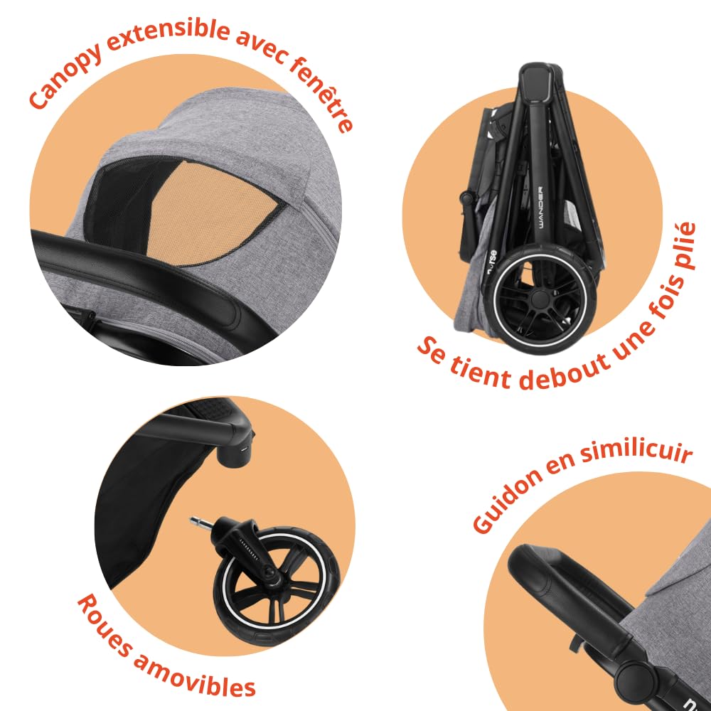 Nurse Wander Trio Poussette Bébé 3 en 1, Nacelle, Poussette et Siège Auto i-Size, Pliage Compact, avec Accessoires