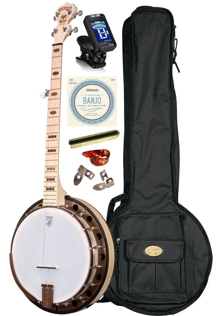 Deering Goodtime 2 5-String Maple Resonator Bluegrass Banjo Art Deco Inlay Bronze Powder Coat Hardware with Instrument Alley Bag, Tuner, Strings, Mute, Picks, Strap Bundle Package - Made in the USA