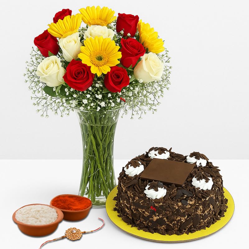 EG2i 6 Red Roses, 4 yellow Gerbera with 1 Rakhi and 500gm Black Forest Cake | Real Flower Bouquet with Gift Combo for Brother, Bhabhi and Sister For Raksha Bandhan-image-23