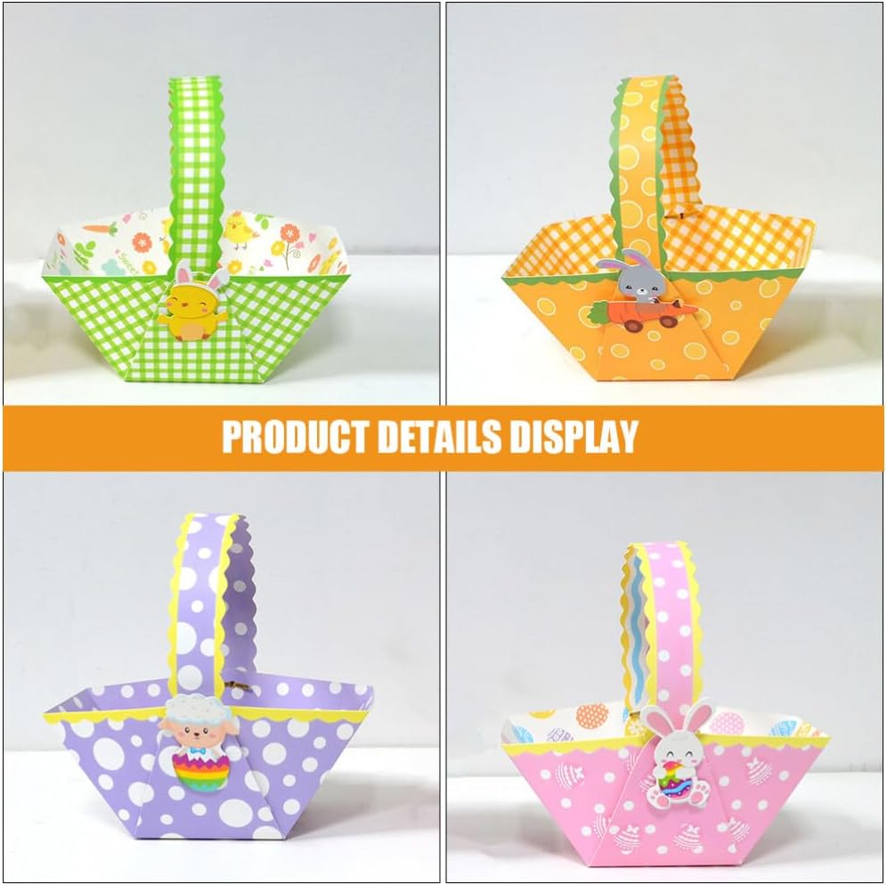 Amosfun 24pcs Handheld Paper Easter Baskets Candy Holders for Boy Girl Celebrations Cute Cartoon Design for Eggs Treats and Party Favors