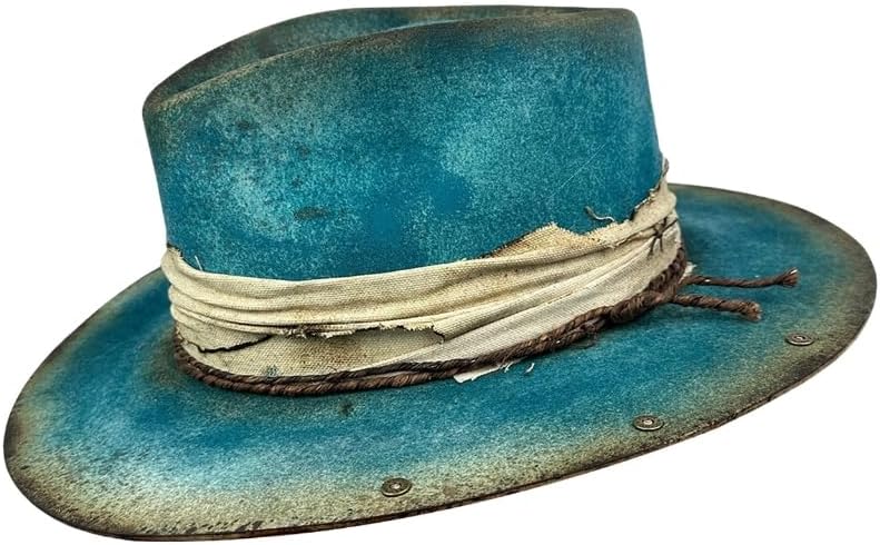 Wool Fedoras Panama Hat Exotic Distressed Homburg for Women Men Photo Props Western for Stage Live Show Headwear Lake Blue