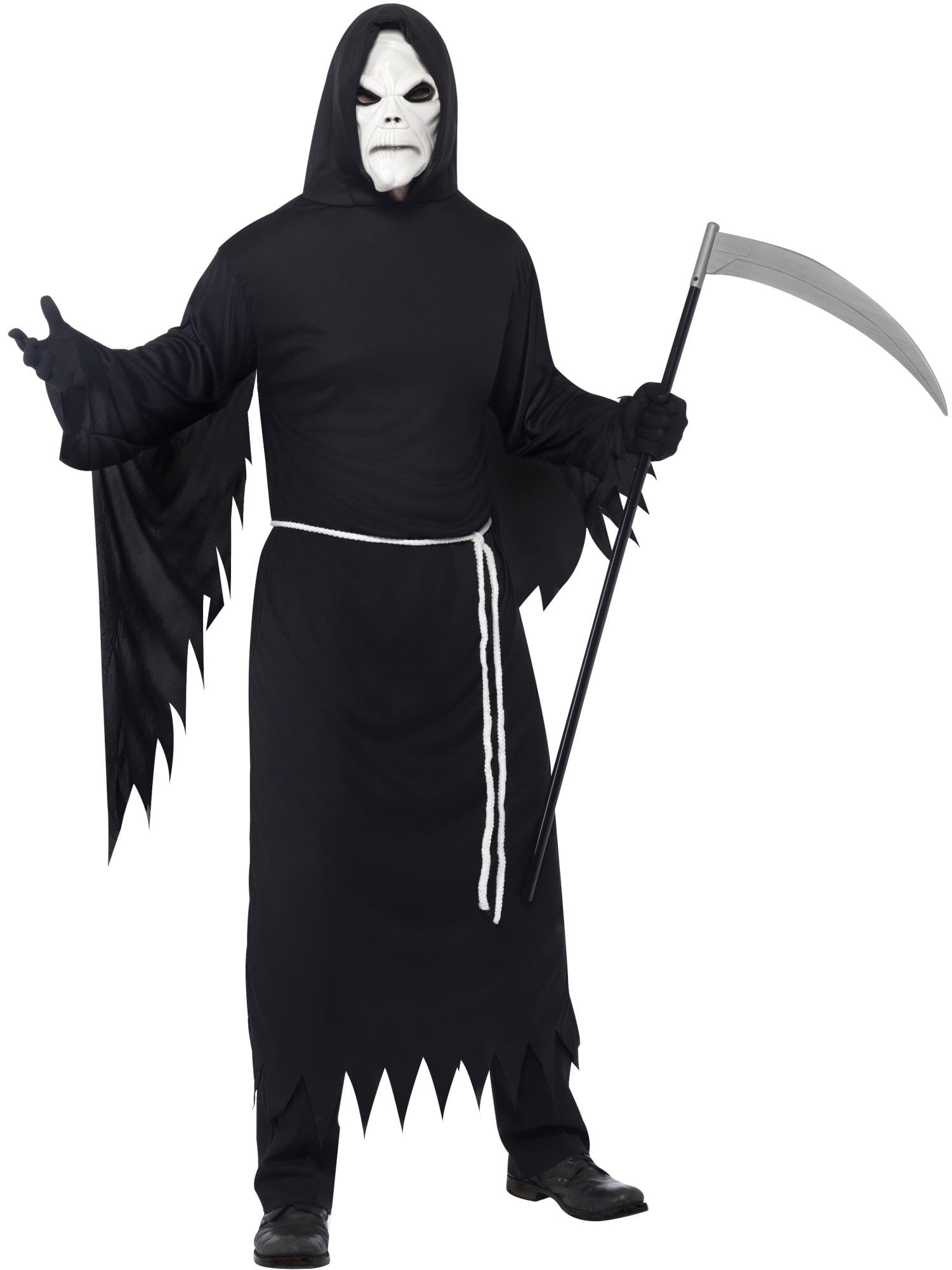 Smiffys Grim Reaper Costume, Black with Hooded Robe, Mask & Belt, Halloween Adult Fancy Dress, Adult Dress Up Costumes