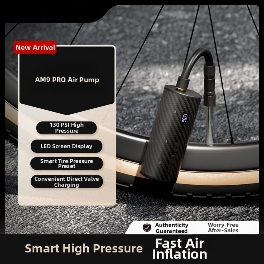 AM9PRO - Bomba eléctrica para bicicleta, para mini bomba de aire con pantalla LED, alta presión de 130 PSI, luz trasera, para válvula Presta, diseño compacto de fibra de carbono