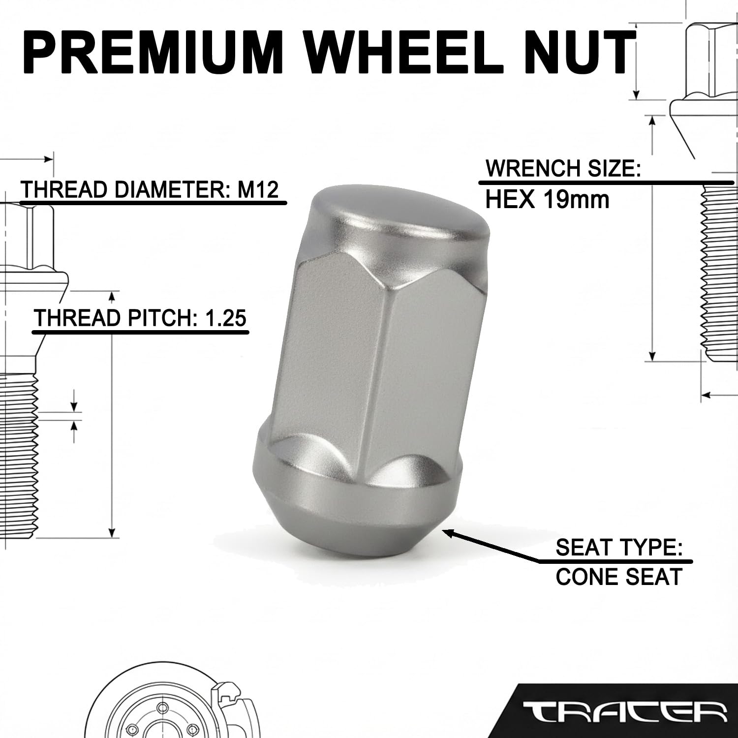 20 dadi ruota cono collare chiuso M12x1,25 HEX19 compatibile con Nissan, Subaru