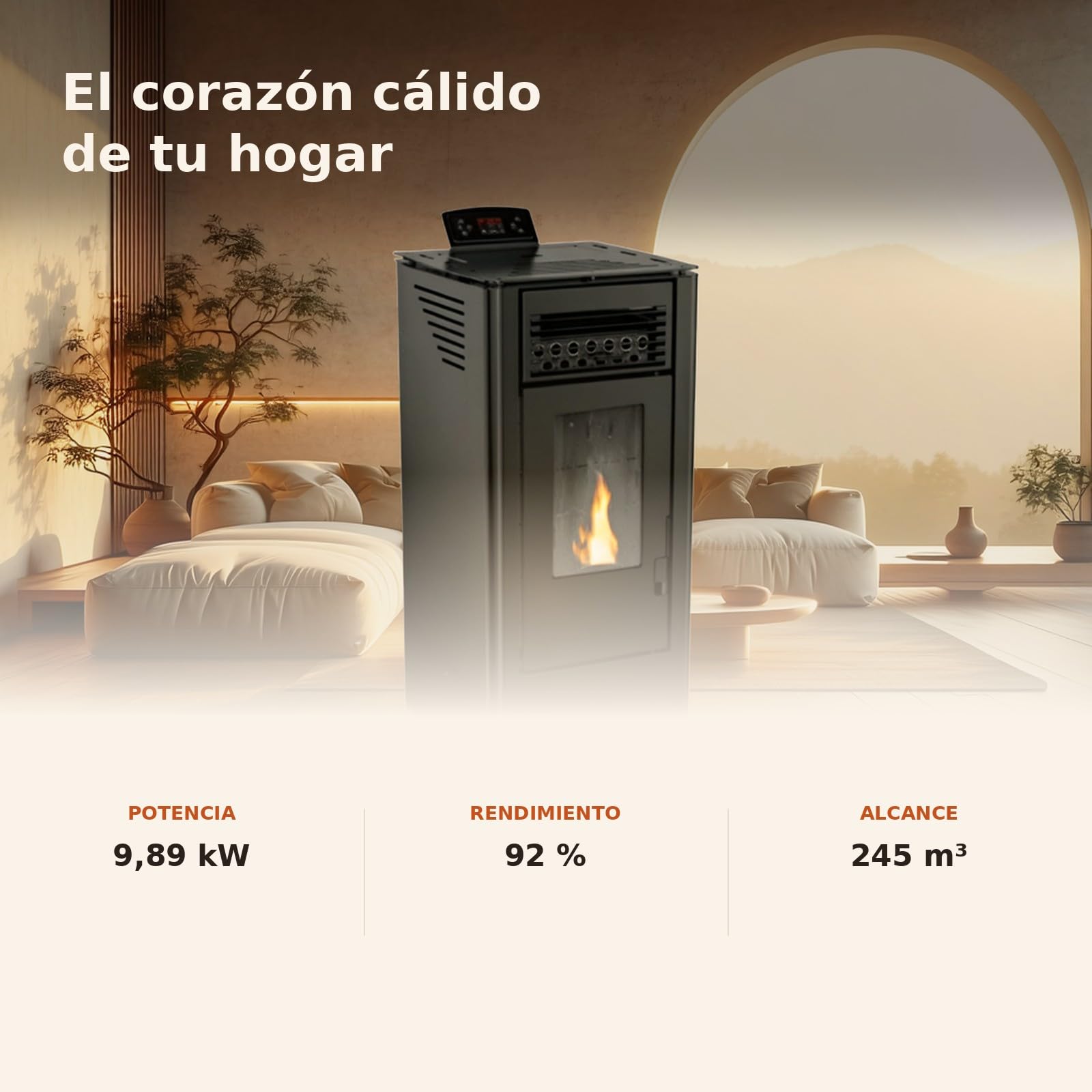 EIDER BIOMASA Estufa de Pellets KING 10 – 9,89 kW – Rendimiento 92% – Hasta 245 m³ – Tolva 15 kg – Programable WiFi – Encendido Rápido – Clase A+