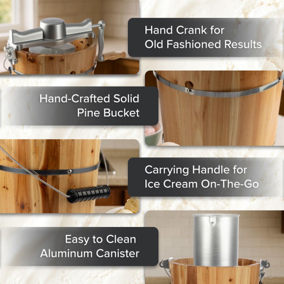 Electric Ice Cream Maker Machine - 4 Quart Old Fashioned Icecream Maker with Hand Crank and Electric Paddle - Pine Wood Bucket Ice Cream Machine for Frozen Yogurt, Gelato, Sorbet by Classic Cuisine