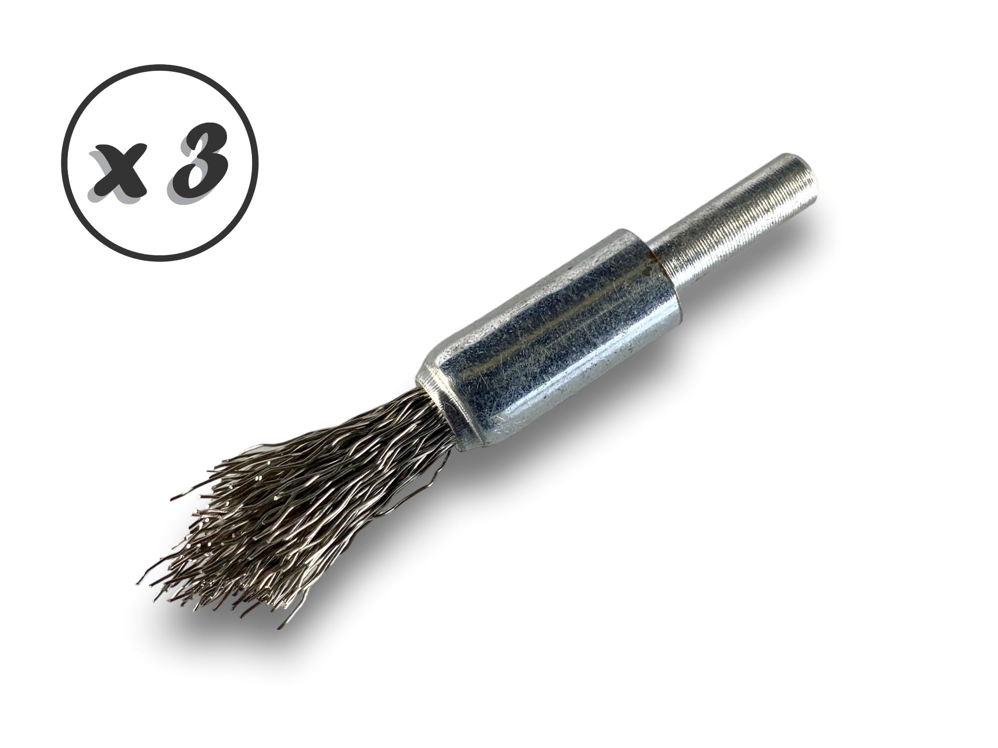 KIBROS 20TC12Px3 zestaw 3 szczotek drucianych ze spiczastym końcem na trzonku | Ø 12 mm | twarda stal nierdzewna 0,40 mm | kształt końcówki | do wiertarki lub wiertarko-wkrętarki | szczotkowanie i