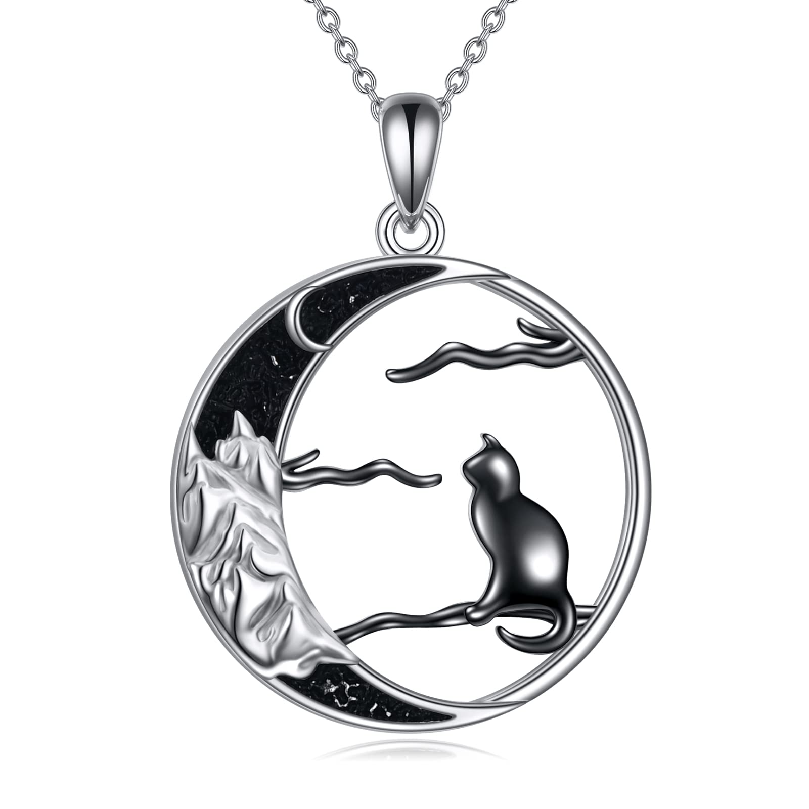 POPLYKE Schwarz Katze Kette für Frauen Sterling Silber Keltische Mond Katze Schmuck