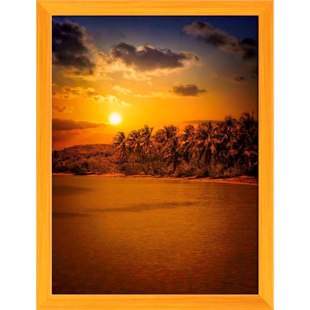 ArtzFolio Gold Caribbean Sunset Over Mexican Contoy Island D2 Canvas Painting Golden Synthetic Frame 12inch x 15.8inch (30.5cms x 40.2cms)