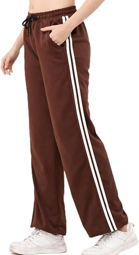 Women’s High Waist Straight Fit Track Pants in Soft Polycotton with Drawstring Closure, mid Rise Design, Side Stripes and ...
