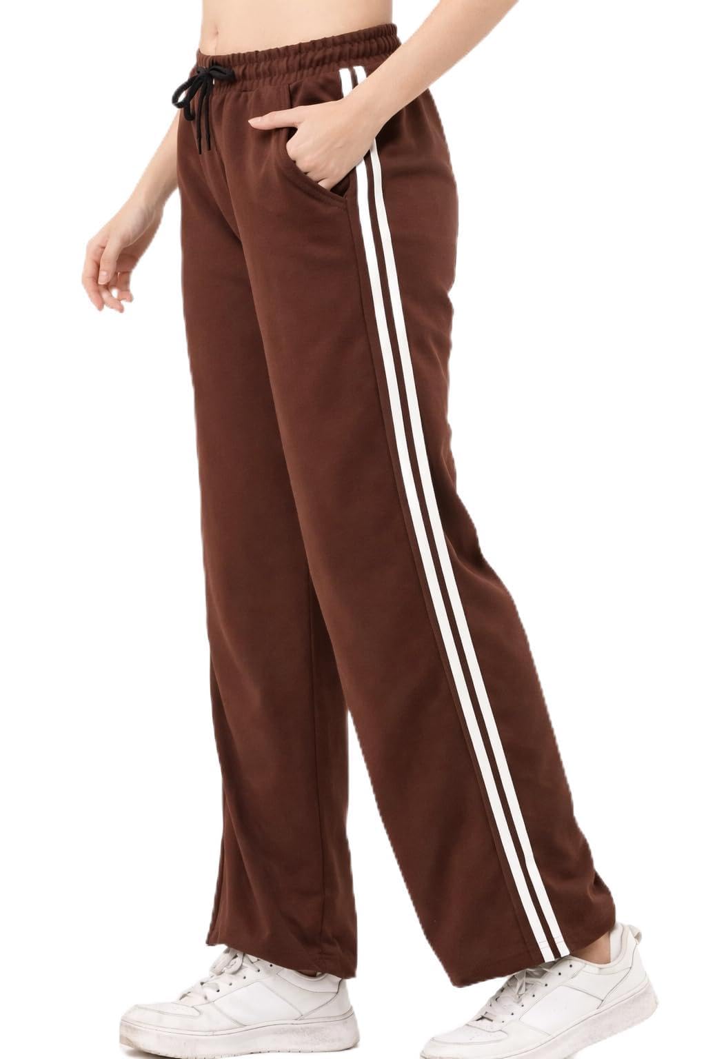 Women’s High Waist Coffee Brown Track Pants | Side Stripe Joggers | Soft Cotton Blend | Black Drawstring | Gym, Yoga, Workout & Casual Lounge Wear-image-35