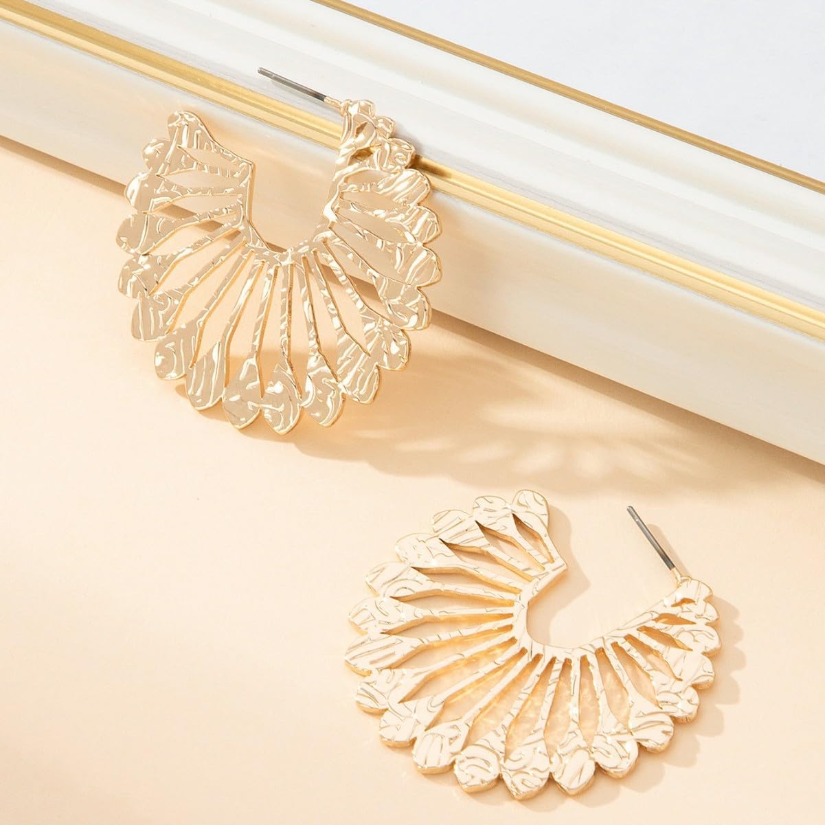 Gold Hollowed-out Flower Hoop Earrings, Statement Filigree Petal Design, Lightweight Metal Boho Style Elegant Jewelry for Women - Image 4