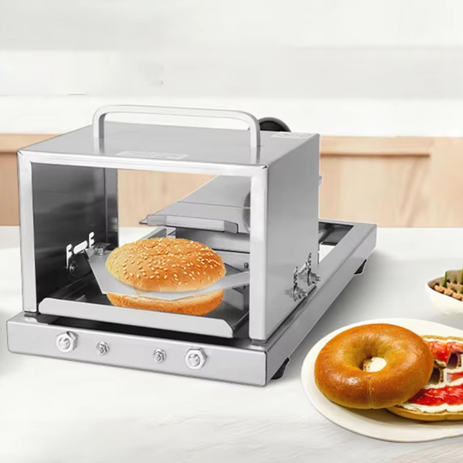 GTHTUHFD Commercial Burger Bun Slicer Machine, Manual Stainless Steel Bread Cutter, Adjustable Thickness, Easy Clean, For Bakeries, Coffee Shops, Restaurants