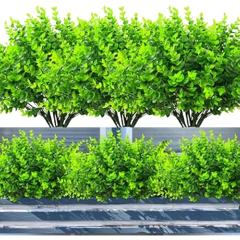 YGbridge Faux Plants Outdoor, 12 Bundles Artificial Boxwood UV Resistant Fake Bush Faux Plants for Home Garden Porch Patio Window Box Decoration (12, Green) Cover