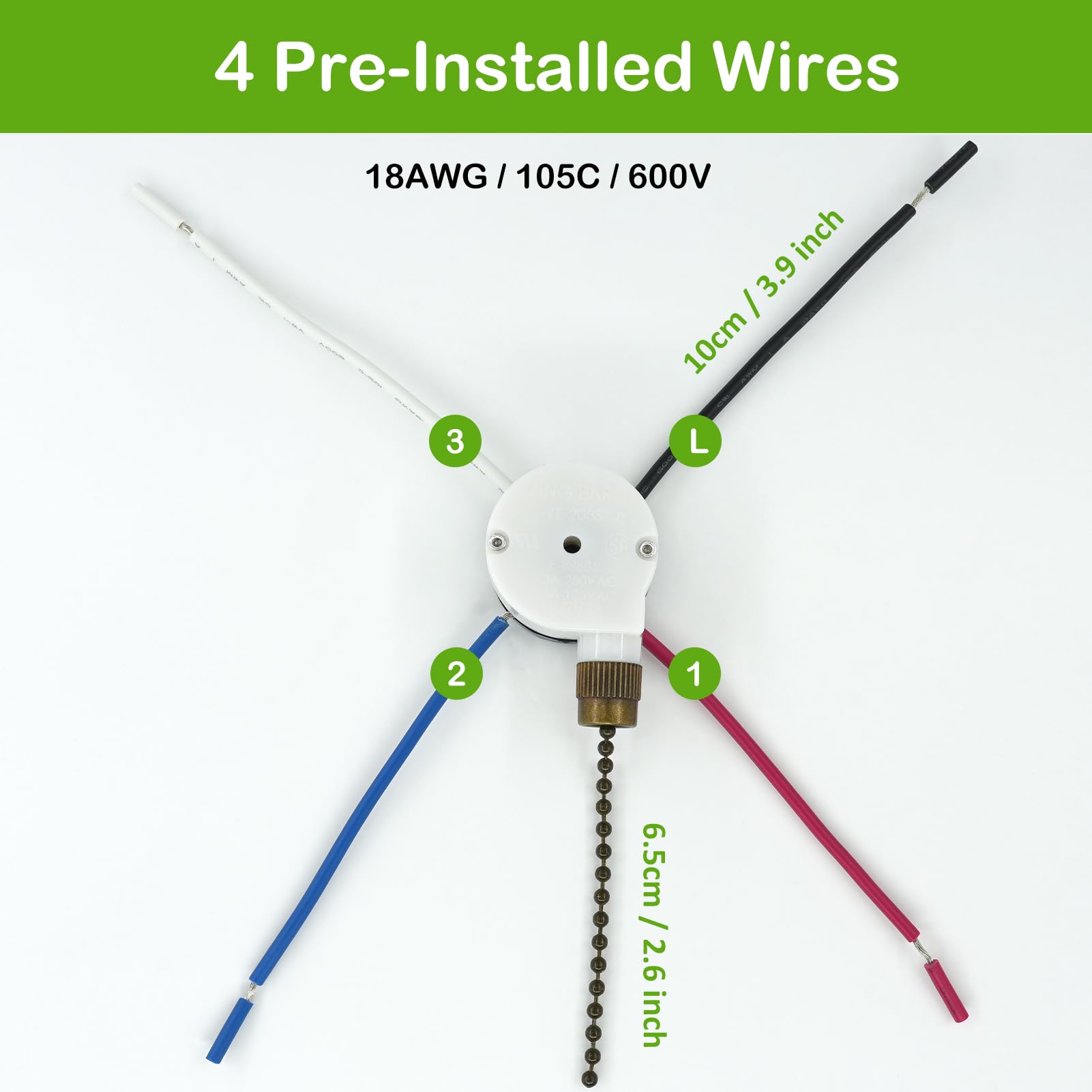 YukiHalu Ceiling Fan Pull Chain Switch 3 Speed 4 Pre-Install -6