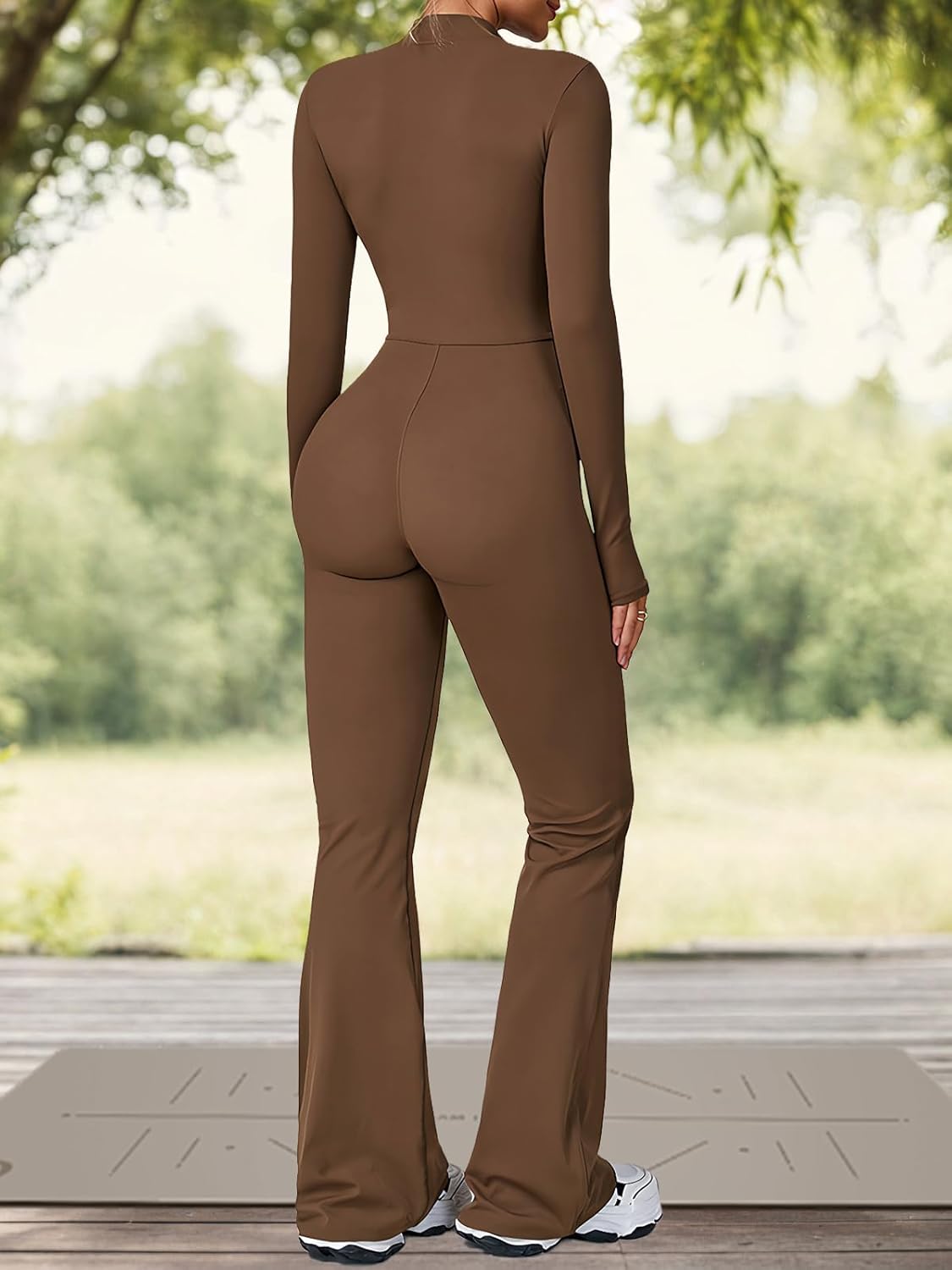 ECUPPER Women Long Sleeve Flared Jumpsuit Zip Up Romper One Piece Full Bodysuits Yoga Unitard Wide Leg Sexy Catsuit - Image 2