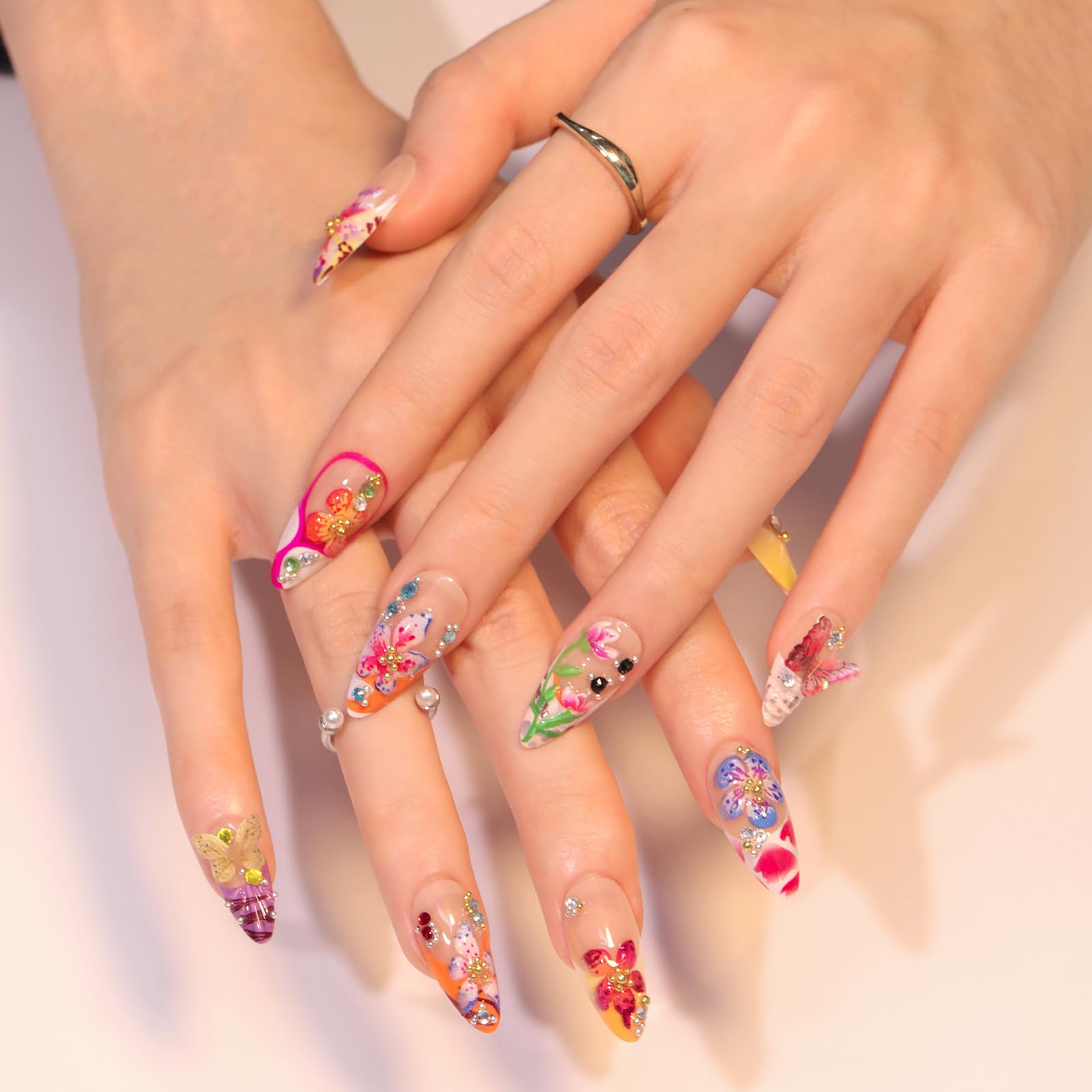 24Pcs Flower French False Nails Medium Almond, 3D Colorful Spring Floral Butterfly Press on Nails - Image 3
