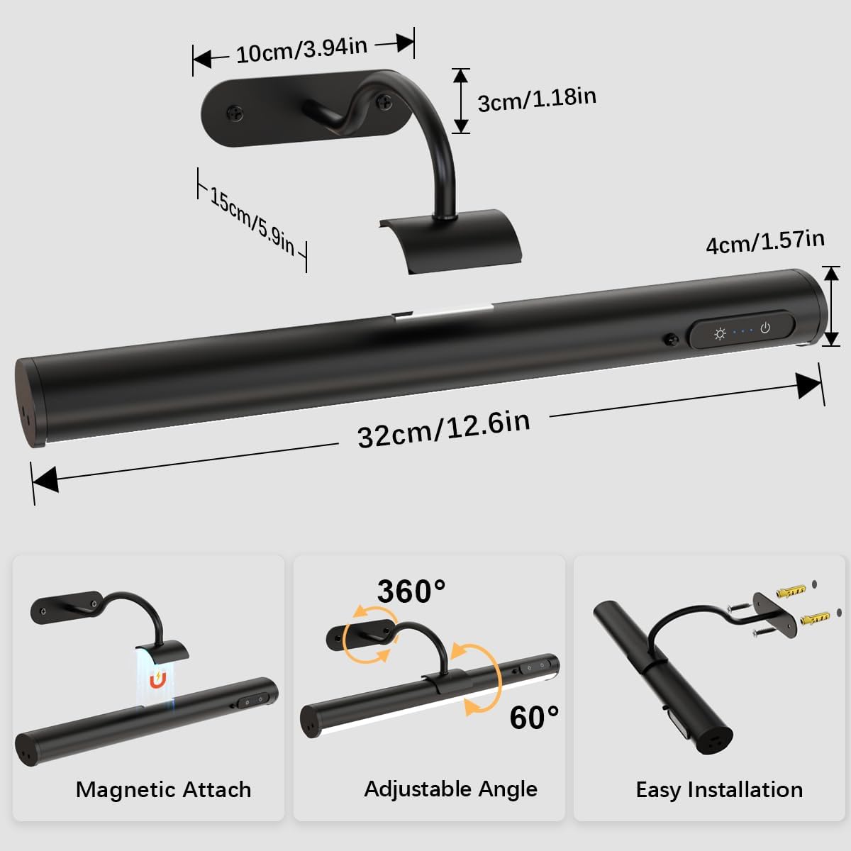 Wireless Rechargeable Picture Light, Battery Operated Art Wall Sconce with Remote Control, Magnetic Dimmable LED Picture Frame Lights for Paintings Mirror Portrait Gallery Dart Board Indoor - Black