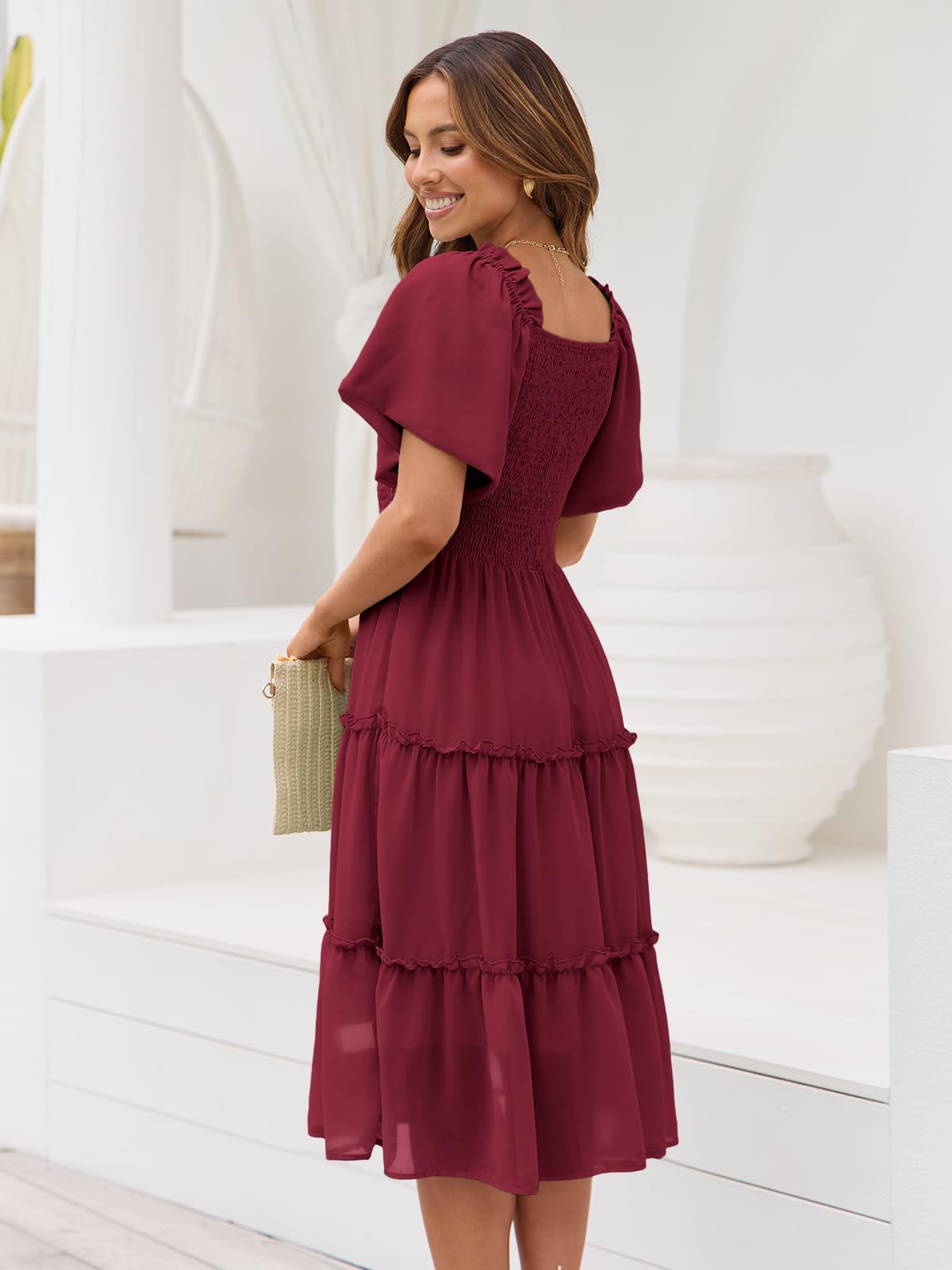 LILLUSORY Women's Summer Casual Flutter Sleeve Square Neck Smocked Midi Dress