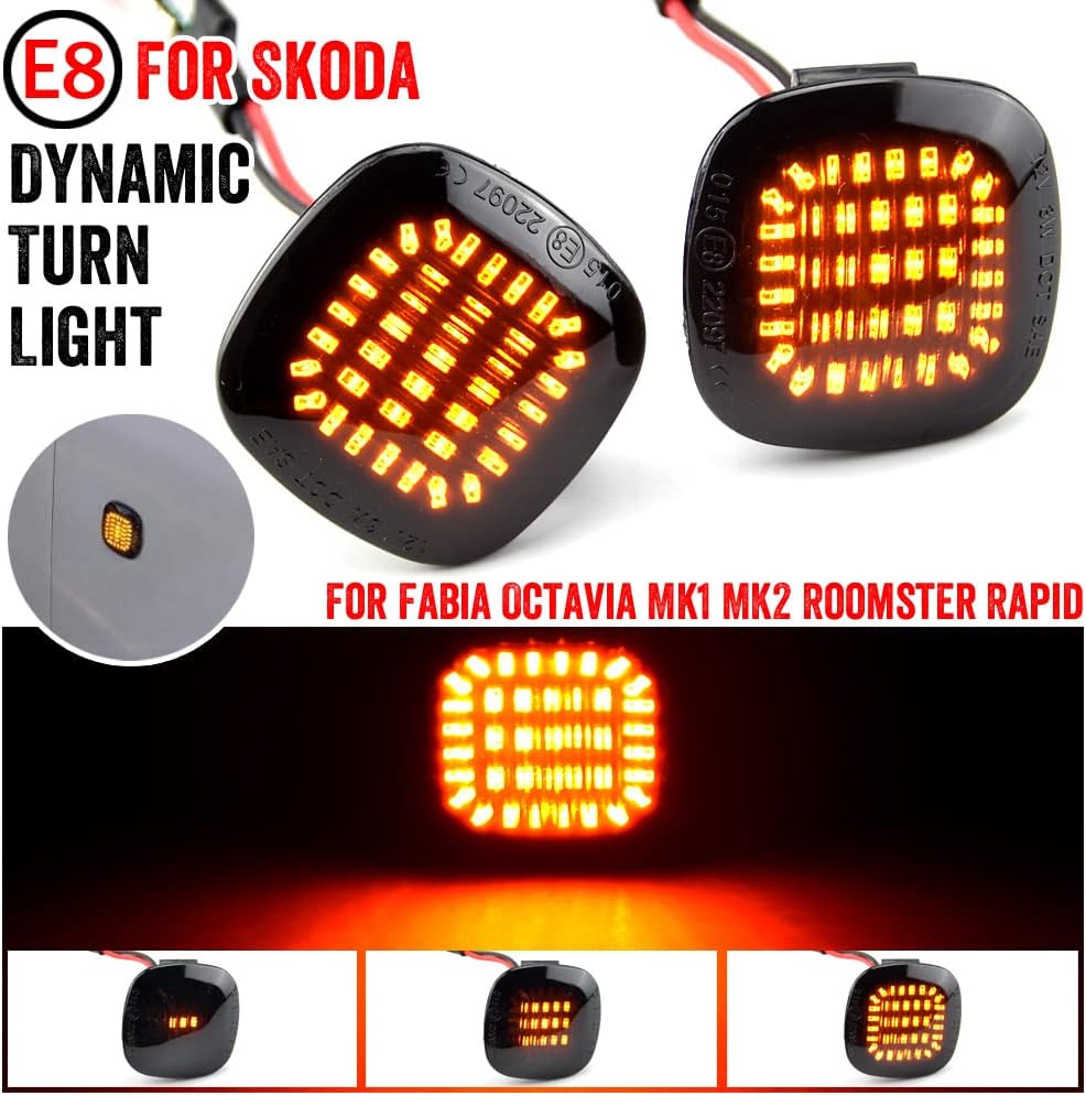 2pcs Dynamic Sequential LED Side Fender Marker Light Lamp Indicator Compatible with S-koda F-abia O-ctavia Mk1 Mk2 Roomster Rapid NH3