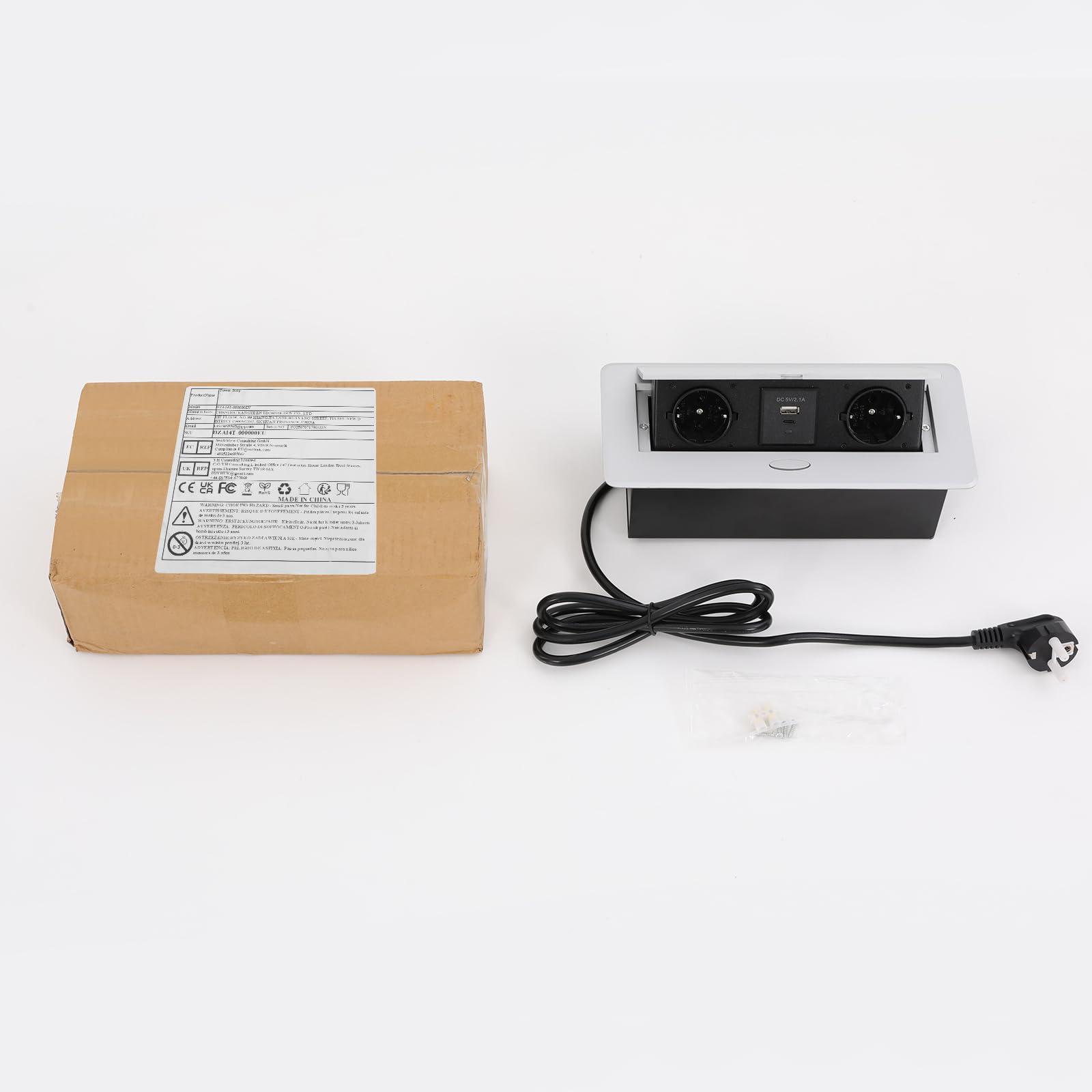 Ciabatta elettrica a scomparsa, 2 prese AC 250 V, 16 A, con USB A e USB C, 5 V, 2,1 A, presa da tavolo, da incasso, 2500 W, per ufficio, cucina, studio, argento