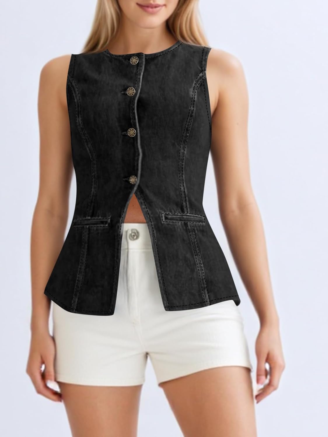 Tankaneo Womens Button Down Denim Vest Trendy Fitted Sleeveless Jean Tank Tops Crew Neck Waistcoat - Image 6