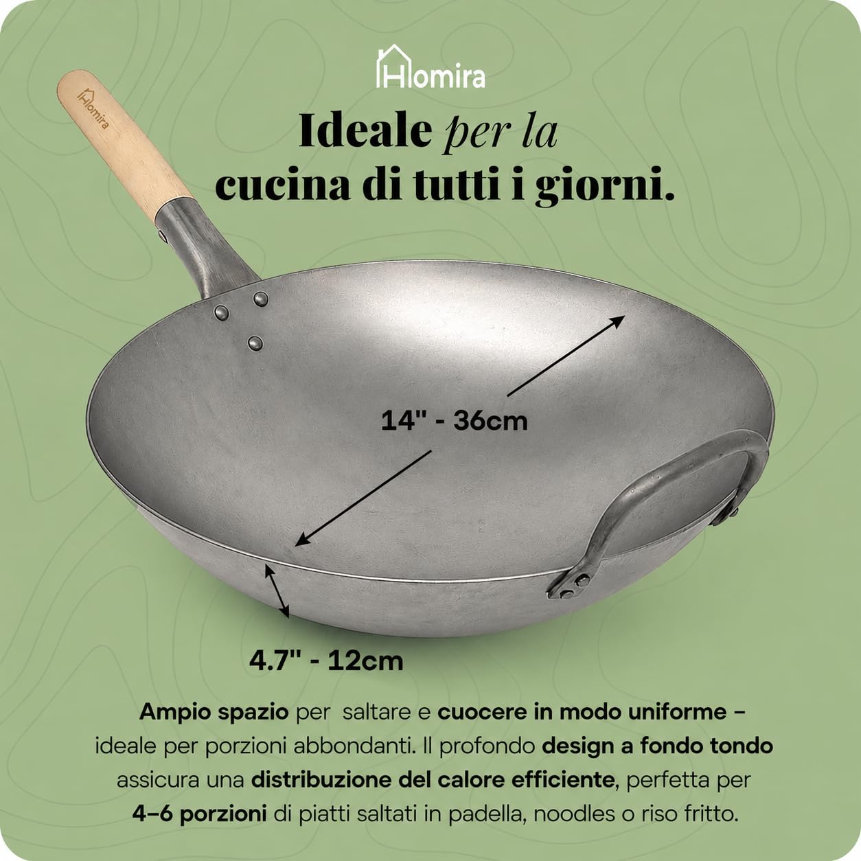 Homira Wok 36 cm in Acciaio al Carbonio, Martellato a Mano, Fondo Rotondo e Manico in Legno, Padella Wok Tradizionale Senza PFAS per Fornelli a Gas, Bruciatore Wok, Barbecue e Outdoor