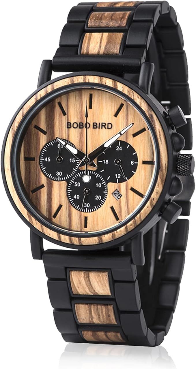 Amazon.com: Wooden Watch for Mens Stylish Wood \u0026 Stainless Steel 44MM Large  Size Night Luminous Silver Needle Stylish Chronograph Sports Military  Quartz Combined Retro Classic Wristwatch : Mens Designer: Clothing, Shoes \u0026