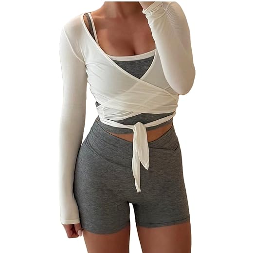 Blusa cropped feminina Y2k de manga comprida para balé, pilates, ioga, gravata frontal, gola V, caimento justo, espartilho